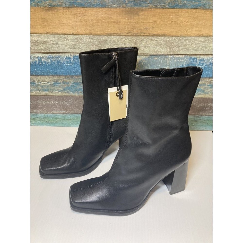 Zara Black Leather Square Toe High Heel Ankle Boots Women's Sz 39/US 8